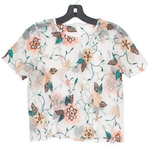 Top Embroidered Crop Floral Sheer Mesh Boho Fairy Cottage Feminine Girly Size XS